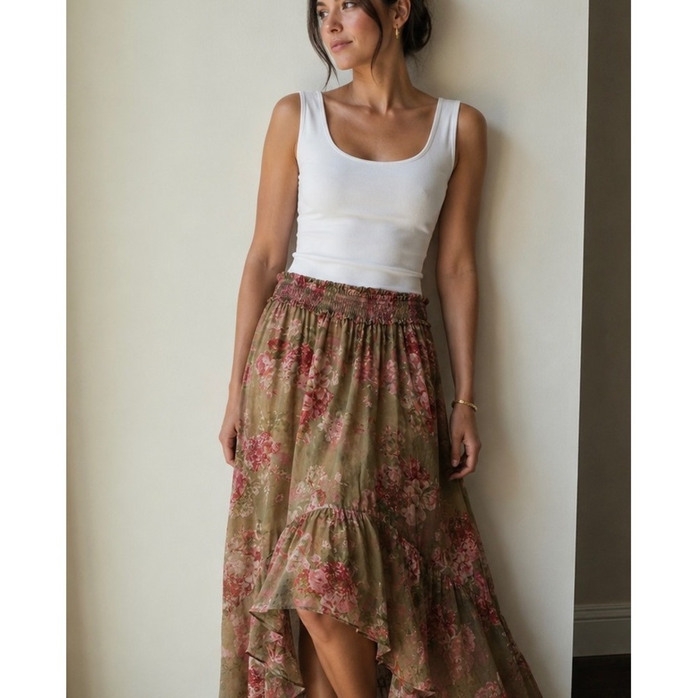 Sundance‎ Floral High-Low Maxi Skirt Tan Pink Boho Cottagecore PS Petite Small